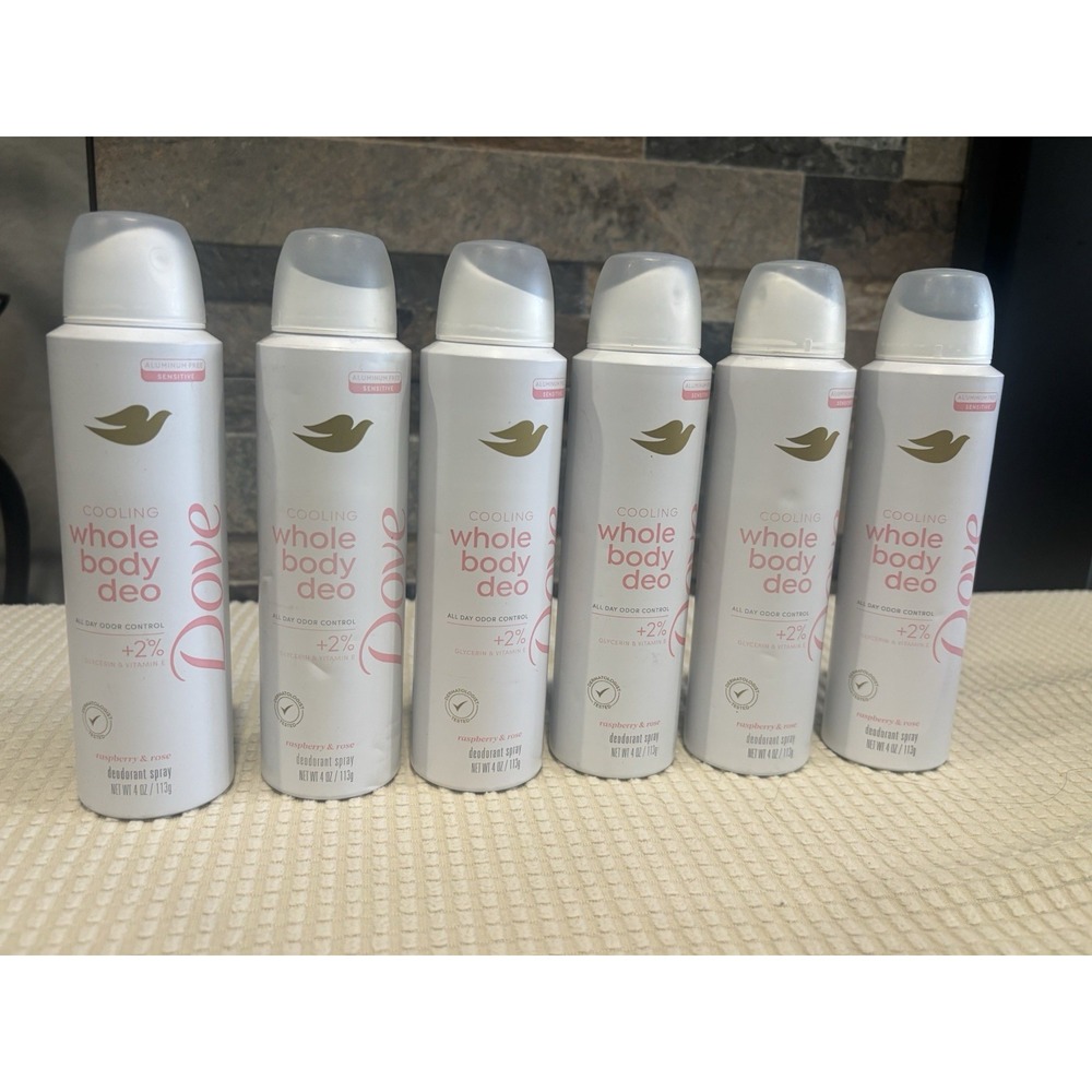 Lot of six, Dove Whole Body Deodorant Cooling Spray, Raspberry & Rose, 4oz/each